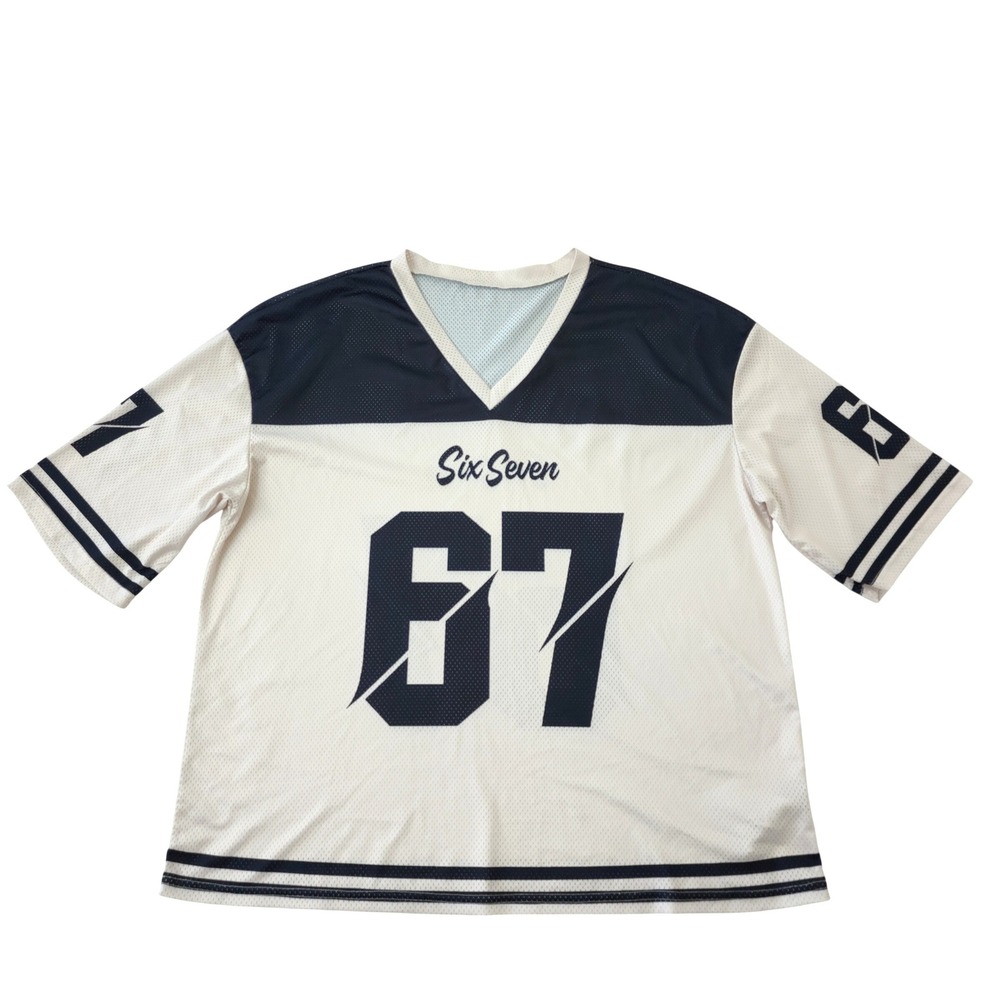 Six Seven 67 Mesh Football Jersey Cream Navy Blue XL Sporty Varsity Tee
